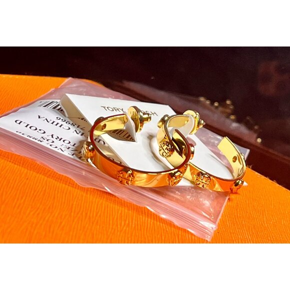 Tory Burch Gold Plated Hoop Earrings With Logo Studs - Picture 3 of 3